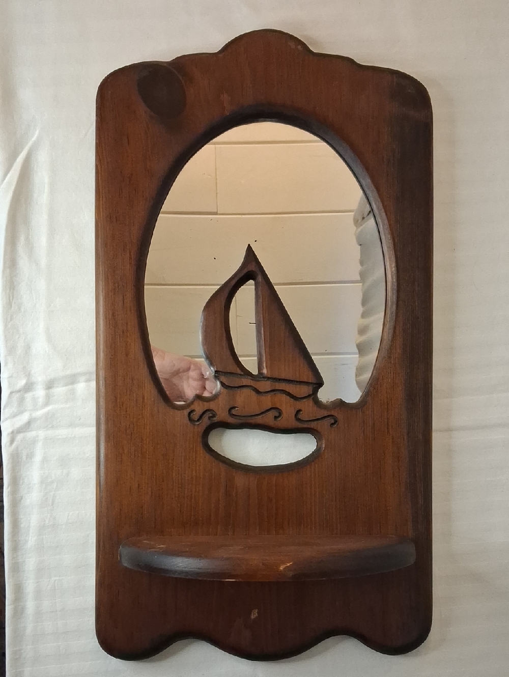 Handcrafted Brown Wooden Wall Mirror with Sailboat Motif